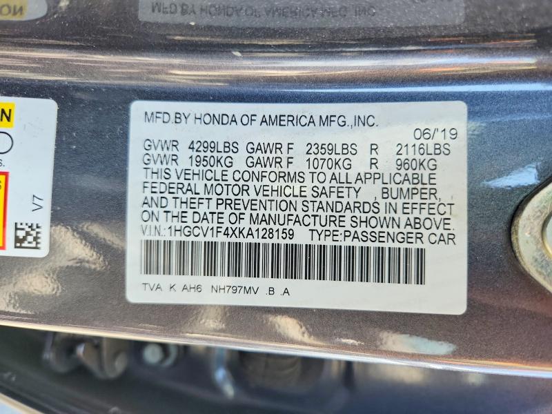 2019 Honda Accord მანქანა იყიდება აუქციონზე, vin: 1HGCV1F4XKA128159, აუქციონის ნომერი: 61049506