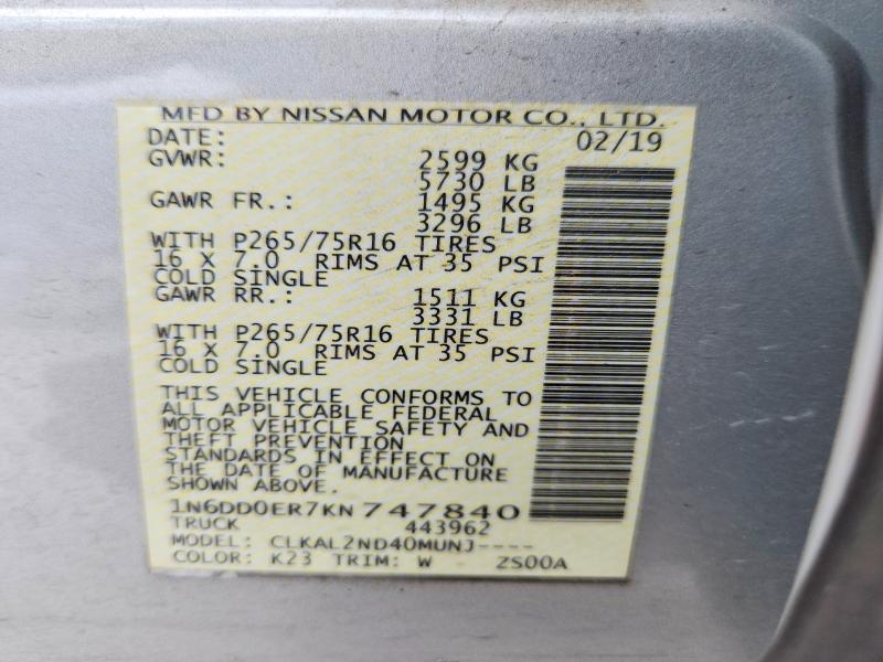 62491126 :رقم المزاد ، 1N6DD0ER7KN747840 vin ، 2019 Nissan Frontier مزاد بيع