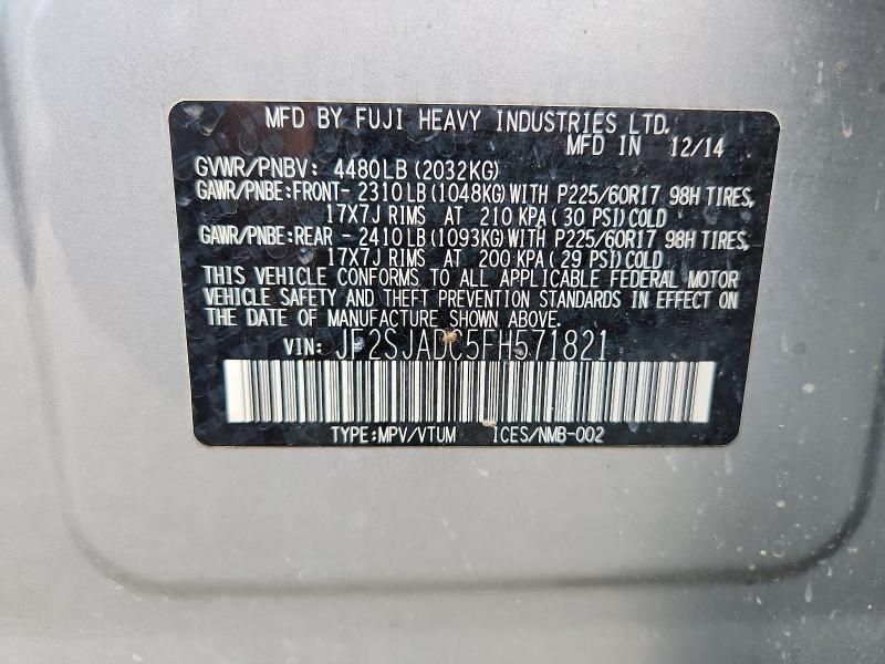 2015 Subaru Forester მანქანა იყიდება აუქციონზე, vin: JF2SJADC5FH571821, აუქციონის ნომერი: 61792346