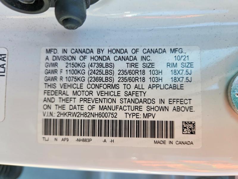 61552936 :رقم المزاد ، 2HKRW2H82NH600752 vin ، 2022 Honda Cr-v مزاد بيع