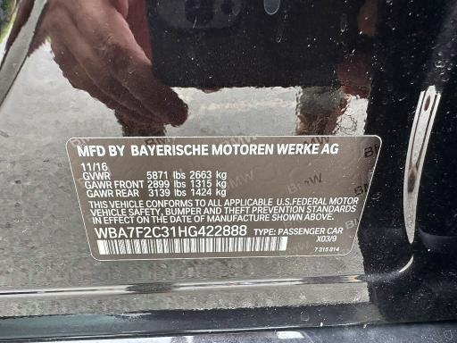 Aukcja sprzedaży 2017 Bmw 750, vin: WBA7F2C31HG422888, numer aukcji: 60380736