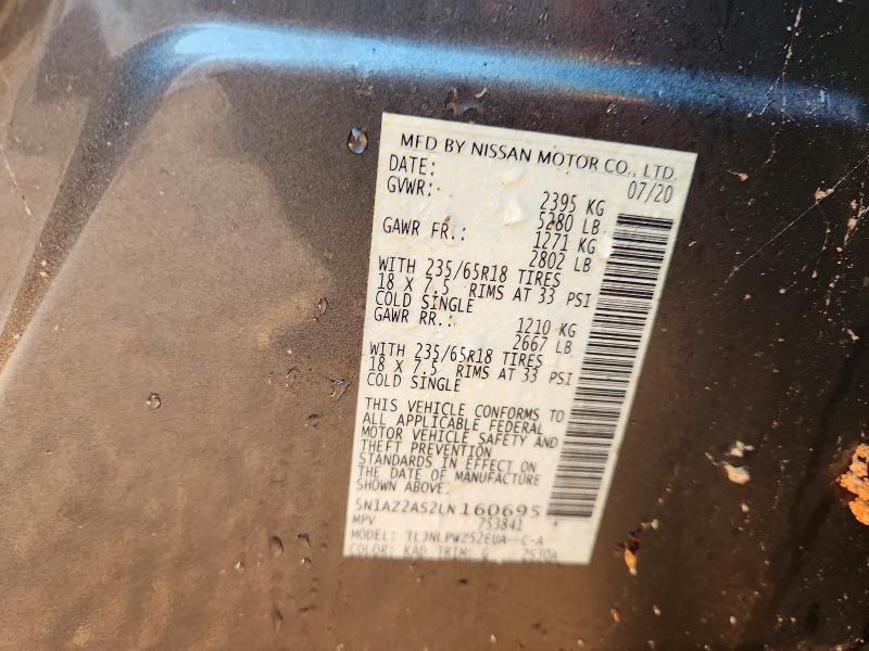 2020 Nissan Murano მანქანა იყიდება აუქციონზე, vin: 5N1AZ2AS2LN160695, აუქციონის ნომერი: 57536306