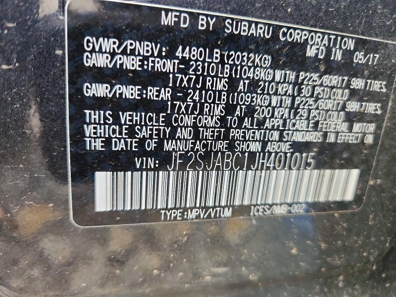58431386 :رقم المزاد ، JF2SJABC1JH401015 vin ، 2018 Subaru Forester مزاد بيع