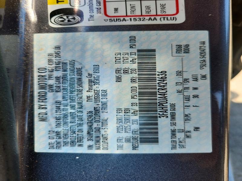 60568146 :رقم المزاد ، 3FAHP0JA4CR424636 vin ، 2012 Ford Fusion مزاد بيع
