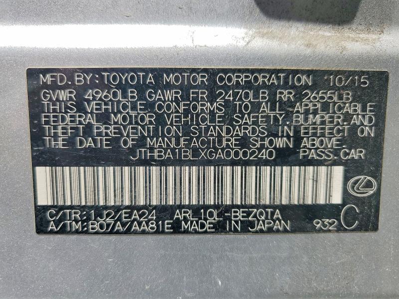Aukcja sprzedaży 2016 Lexus Gs 200t, vin: JTHBA1BLXGA000240, numer aukcji: 62805176
