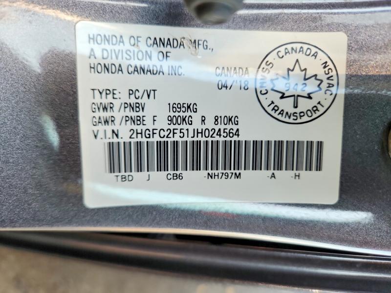 2018 Honda Civic მანქანა იყიდება აუქციონზე, vin: 2HGFC2F51JH024564, აუქციონის ნომერი: 62656706