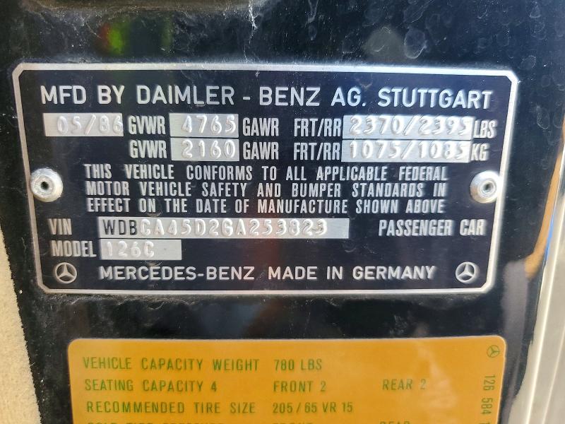 1986 Mercedes-benz 560 მანქანა იყიდება აუქციონზე, vin: WDBCA45D2GA253823, აუქციონის ნომერი: 62290826