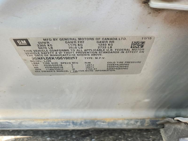 61401086 :رقم المزاد ، 2GNFLGEK1G6190257 vin ، 2016 Chevrolet Equinox مزاد بيع