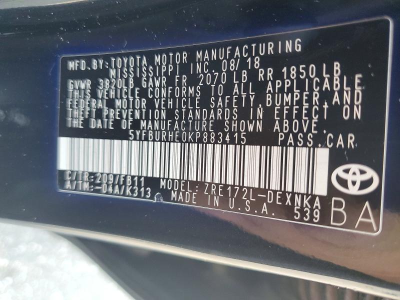 Продажа на аукционе авто 2019 Toyota Corolla, vin: 5YFBURHE0KP883415, номер лота: 60755396