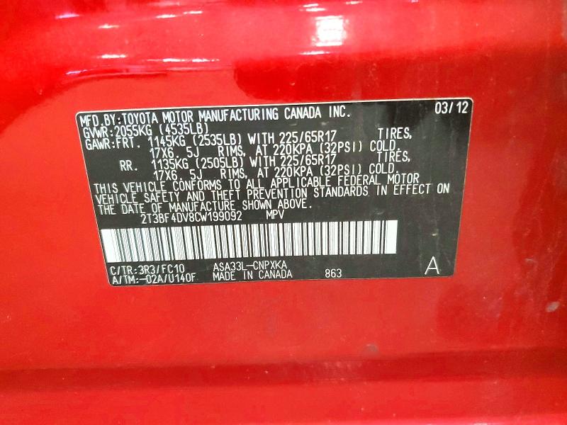 Продаж на аукціоні авто 2012 Toyota Rav4, vin: 2T3BF4DV8CW199092, номер лоту: 59896756