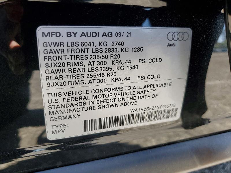 2022 Audi Q4 E-tron მანქანა იყიდება აუქციონზე, vin: WA1H2BFZ3NP016278, აუქციონის ნომერი: 62889156