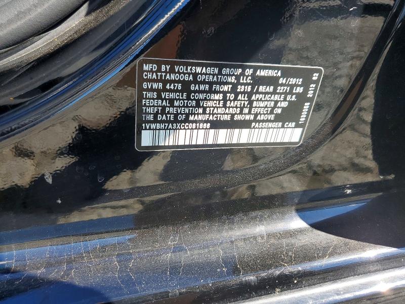 Aukcja sprzedaży 2012 Volkswagen Passat, vin: 1VWBH7A3XCC081866, numer aukcji: 62284806