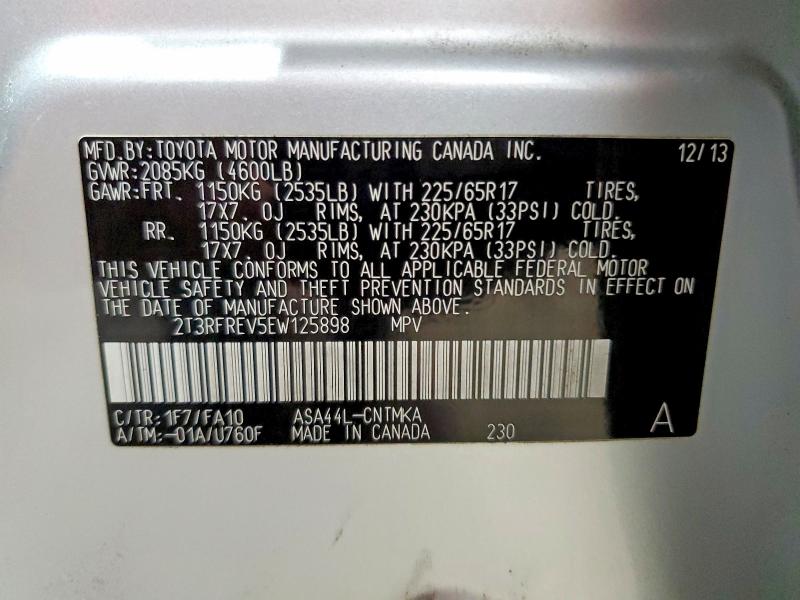 62235576 :رقم المزاد ، 2T3RFREV5EW125898 vin ، 2014 Toyota Rav4 مزاد بيع