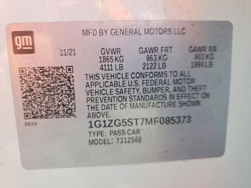 2021 Chevrolet Malibu მანქანა იყიდება აუქციონზე, vin: 1G1ZG5ST7MF085373, აუქციონის ნომერი: 61506686