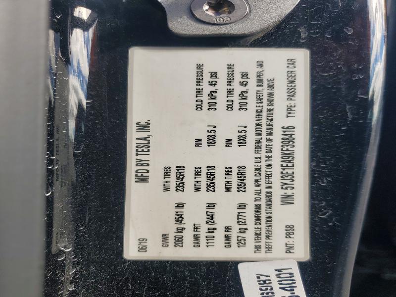Aukcja sprzedaży 2019 Tesla Model 3, vin: 5YJ3E1EA9KF398416, numer aukcji: 62304836