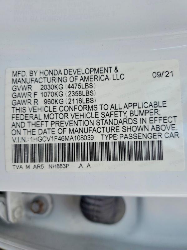 Продаж на аукціоні авто 2021 Honda Accord, vin: 1HGCV1F46MA108039, номер лоту: 85994465