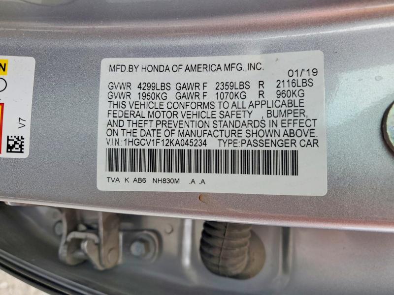 61393816 :رقم المزاد ، 1HGCV1F12KA045234 vin ، 2019 Honda Accord مزاد بيع