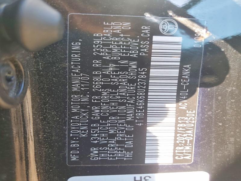 2008 Toyota Camry მანქანა იყიდება აუქციონზე, vin: 4T1BE46K68U237845, აუქციონის ნომერი: 60787946
