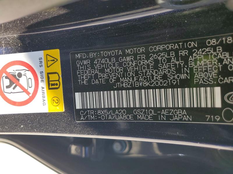 62633836 :رقم المزاد ، JTHBZ1B18K2002191 vin ، 2019 Lexus Es مزاد بيع