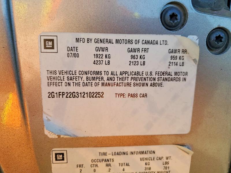 2001 Chevrolet Camaro მანქანა იყიდება აუქციონზე, vin: 2G1FP22G312102252, აუქციონის ნომერი: 60638186