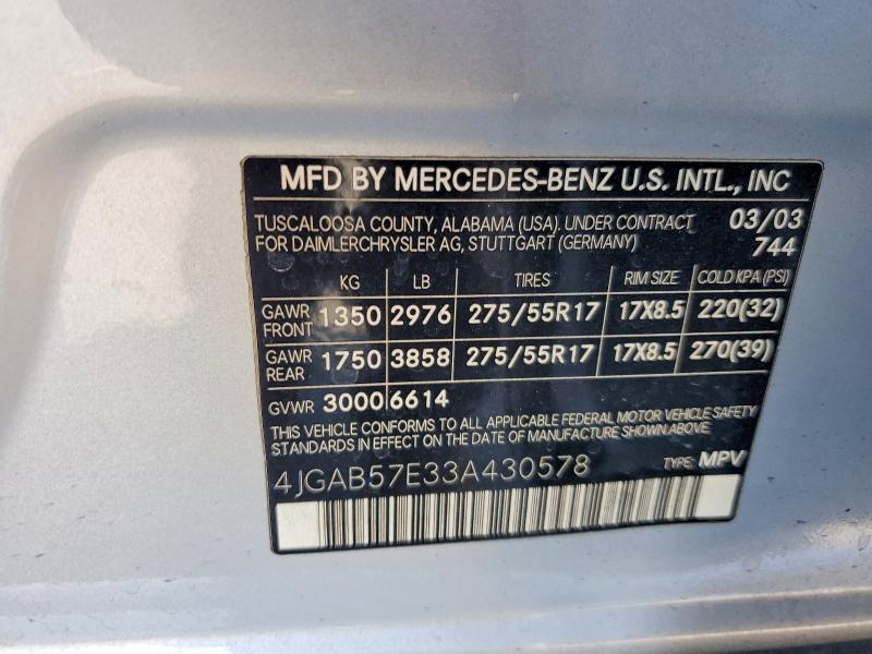 2003 Mercedes-benz Ml მანქანა იყიდება აუქციონზე, vin: 4JGAB57E33A430578, აუქციონის ნომერი: 62711936