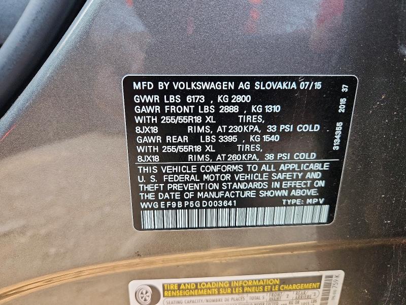 59732856 :رقم المزاد ، WVGEF9BP5GD003641 vin ، 2016 Volkswagen Touareg مزاد بيع