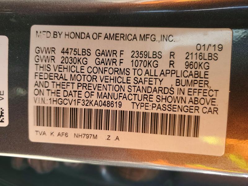 Продажа на аукционе авто 2019 Honda Accord, vin: 1HGCV1F32KA048619, номер лота: 61516046