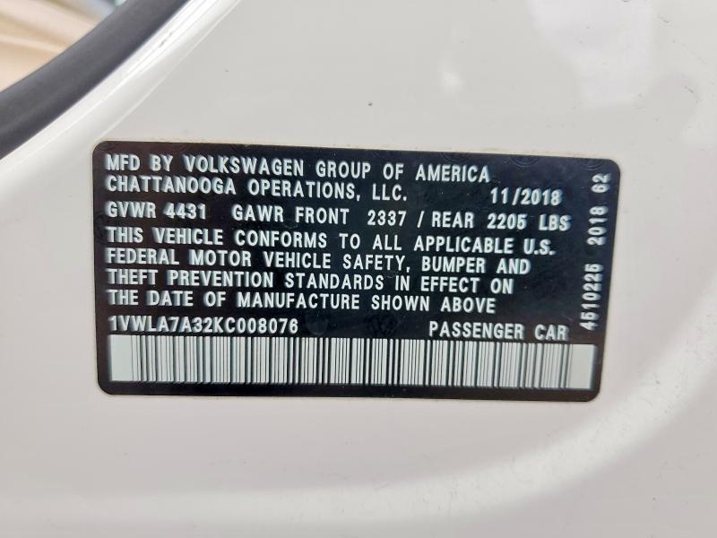 59605416 :رقم المزاد ، 1VWLA7A32KC008076 vin ، 2019 Volkswagen Passat مزاد بيع