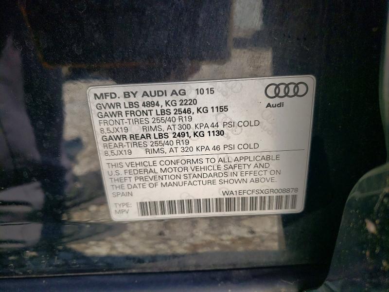 59619836 :رقم المزاد ، WA1EFCFSXGR008878 vin ، 2016 Audi Q3 مزاد بيع