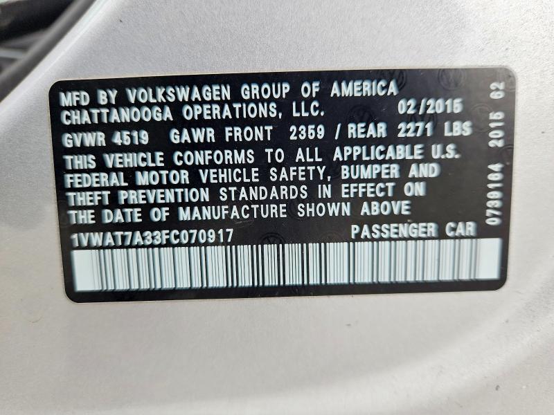 2015 Volkswagen Passat მანქანა იყიდება აუქციონზე, vin: 1VWAT7A33FC070917, აუქციონის ნომერი: 60321916