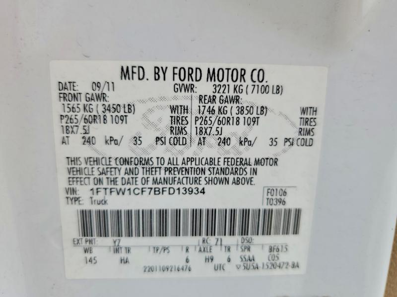 61152326 :رقم المزاد ، 1FTFW1CF7BFD13934 vin ، 2011 Ford F150 مزاد بيع