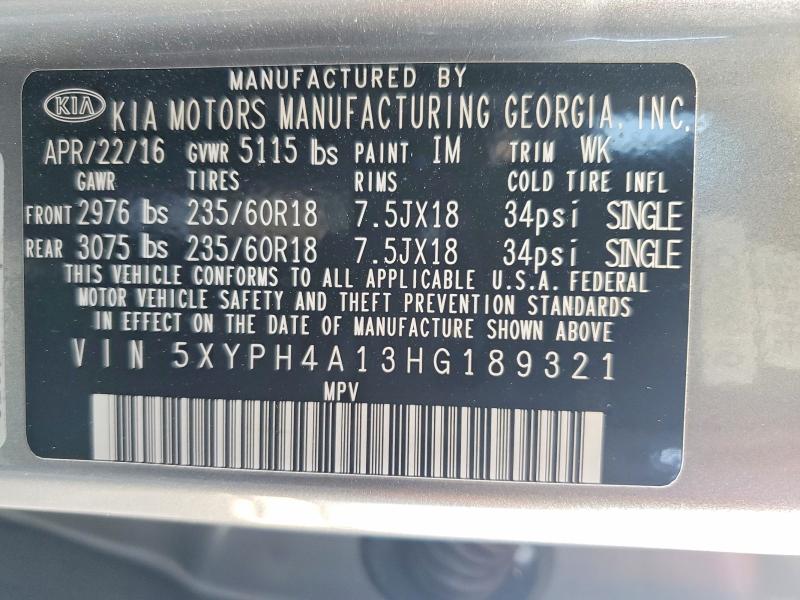 Продаж на аукціоні авто 2017 Kia Sorento, vin: 5XYPH4A13HG189321, номер лоту: 63100076