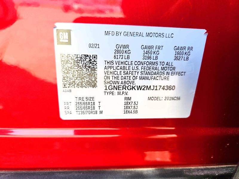 2021 Chevrolet Traverse მანქანა იყიდება აუქციონზე, vin: 1GNERGKW2MJ174360, აუქციონის ნომერი: 61329466