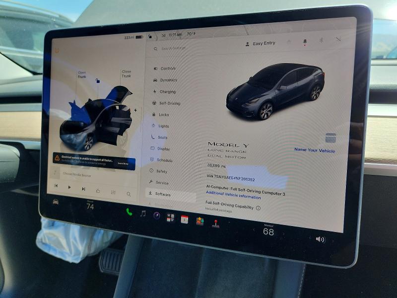 Продажа на аукционе авто 2022 Tesla Model Y, vin: 7SAYGAEE4NF391352, номер лота: 59854346