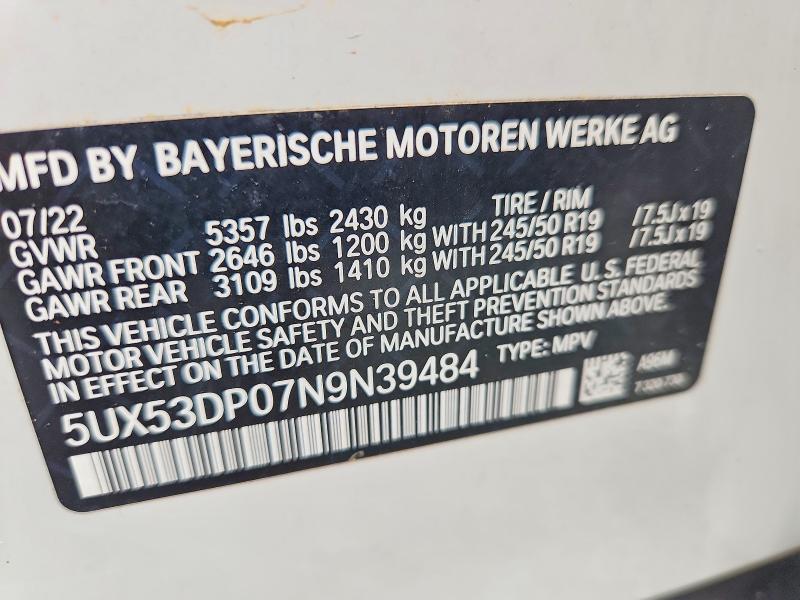 Продаж на аукціоні авто 2022 Bmw X3, vin: 5UX53DP07N9N39484, номер лоту: 62330296