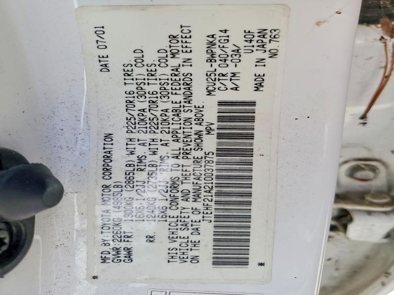 60280926 :رقم المزاد ، JTEHF21A210037875 vin ، 2001 Toyota Highlander مزاد بيع