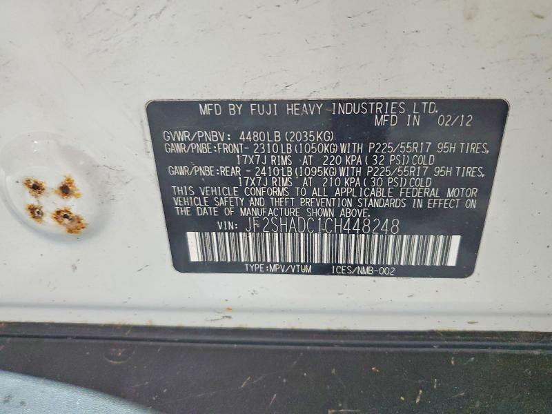 2012 Subaru Forester მანქანა იყიდება აუქციონზე, vin: JF2SHADC1CH448248, აუქციონის ნომერი: 62072156