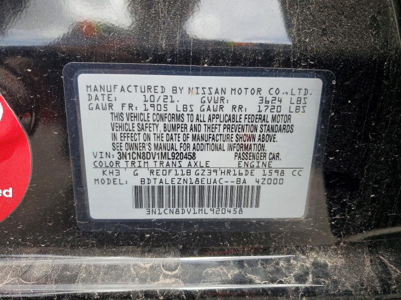 2021 Nissan Versa მანქანა იყიდება აუქციონზე, vin: 3N1CN8DV1ML920458, აუქციონის ნომერი: 61383526