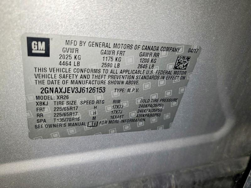 Aukcja sprzedaży 2018 Chevrolet Equinox, vin: 2GNAXJEV3J6126153, numer aukcji: 62169916