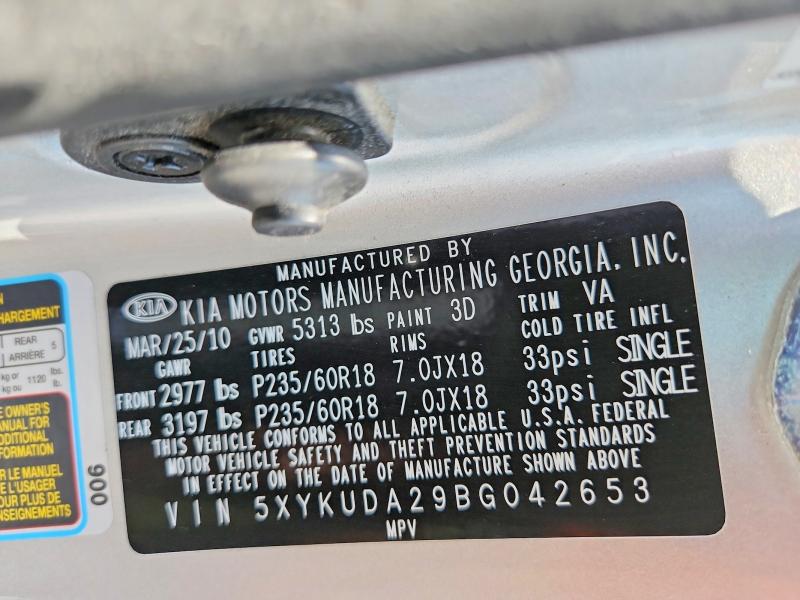 2011 Kia Sorento მანქანა იყიდება აუქციონზე, vin: 5XYKUDA29BG042653, აუქციონის ნომერი: 59163136