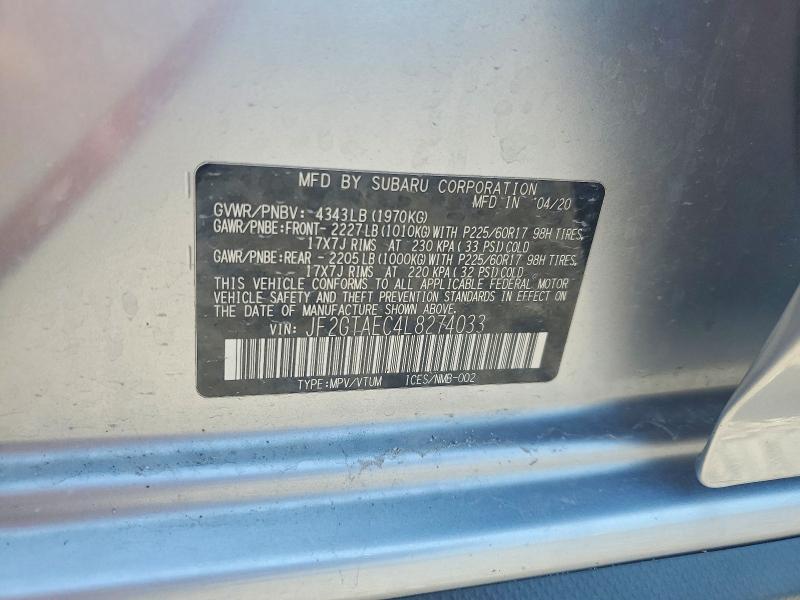 59681266 :رقم المزاد ، JF2GTAEC4L8274033 vin ، 2020 Subaru Crosstrek مزاد بيع