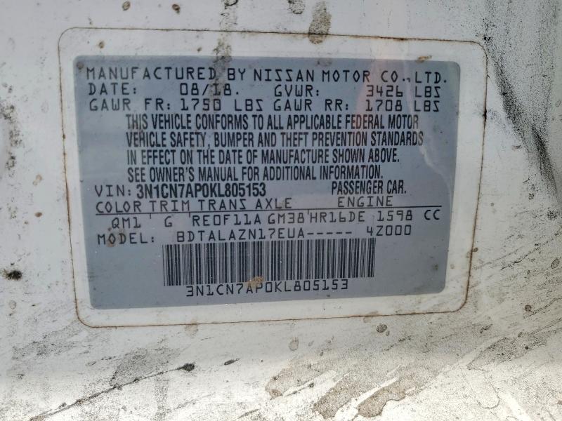 59285846 :رقم المزاد ، 3N1CN7AP0KL805153 vin ، 2019 Nissan Versa مزاد بيع
