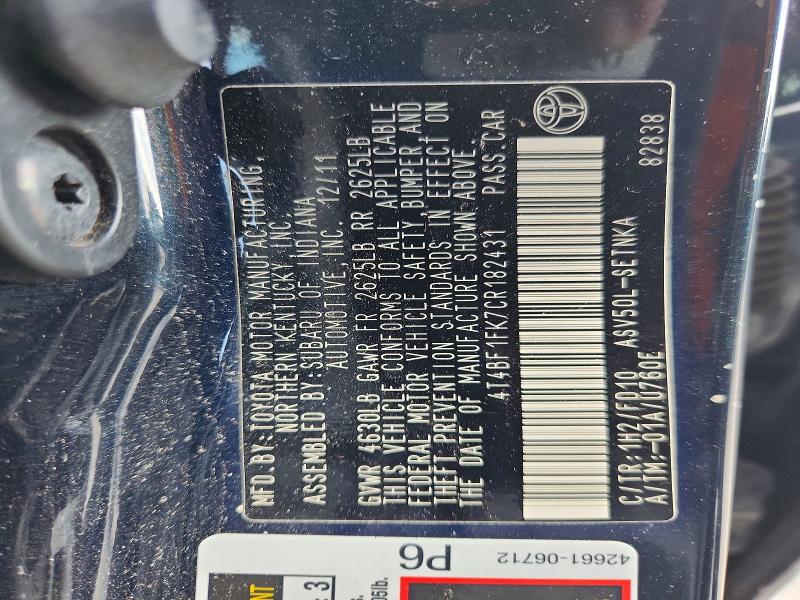 58781326 :رقم المزاد ، 4T4BF1FK7CR182431 vin ، 2012 Toyota Camry مزاد بيع