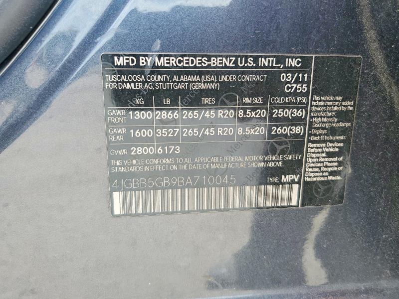 60646526 :رقم المزاد ، 4JGBB5GB9BA710045 vin ، 2011 Mercedes-benz Ml مزاد بيع