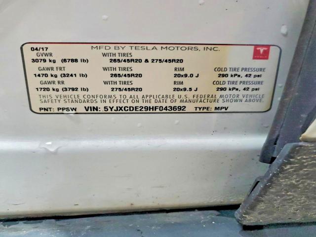 Aukcja sprzedaży 2017 Tesla Model X, vin: 5YJXCDE29HF043692, numer aukcji: 61745946