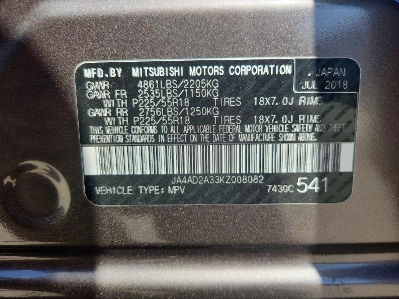 Продажа на аукционе авто 2019 Mitsubishi Outlander, vin: JA4AD2A33KZ008082, номер лота: 62525046