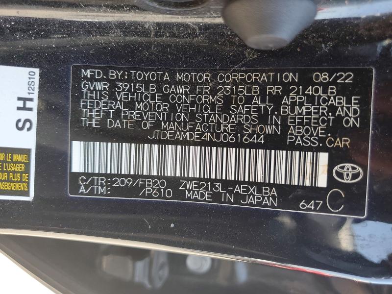 Aukcja sprzedaży 2022 Toyota Corolla, vin: JTDEAMDE4NJ061644, numer aukcji: 59897586