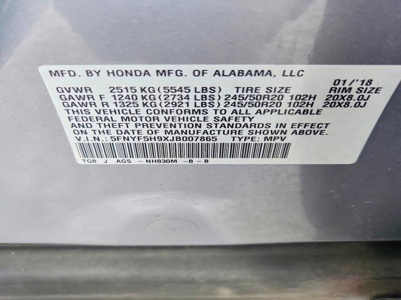Продажа на аукционе авто 2018 Honda Pilot, vin: 5FNYF5H9XJB007865, номер лота: 62283886