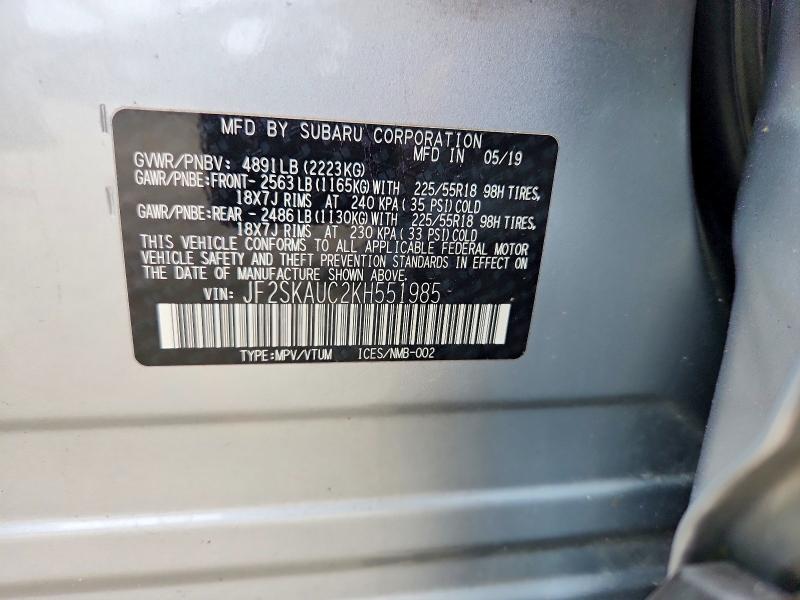 Продаж на аукціоні авто 2019 Subaru Forester, vin: JF2SKAUC2KH551985, номер лоту: 59676426