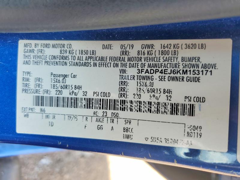 Продаж на аукціоні авто 2019 Ford Fiesta, vin: 3FADP4EJ6KM153171, номер лоту: 61425936